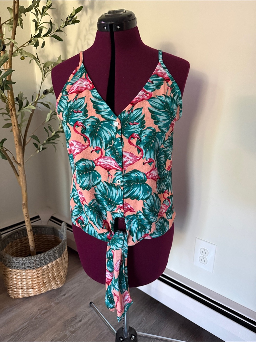 Adrienne Size Small Tropical Flamingo Tie-Front Cami Top - Pink & Teal
